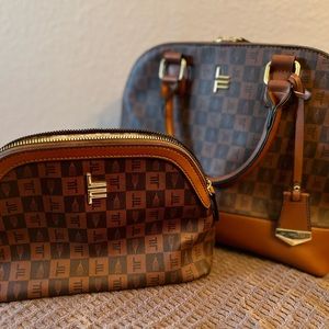 London Fog Dome Satchel Brown with Logo prints, medium sized includes makeup bag